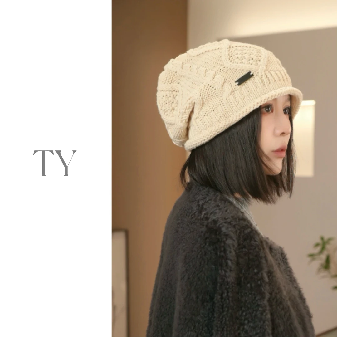 2024新款毛线帽卷边针织包头冷帽女手工麻花小标保暖护耳显脸小