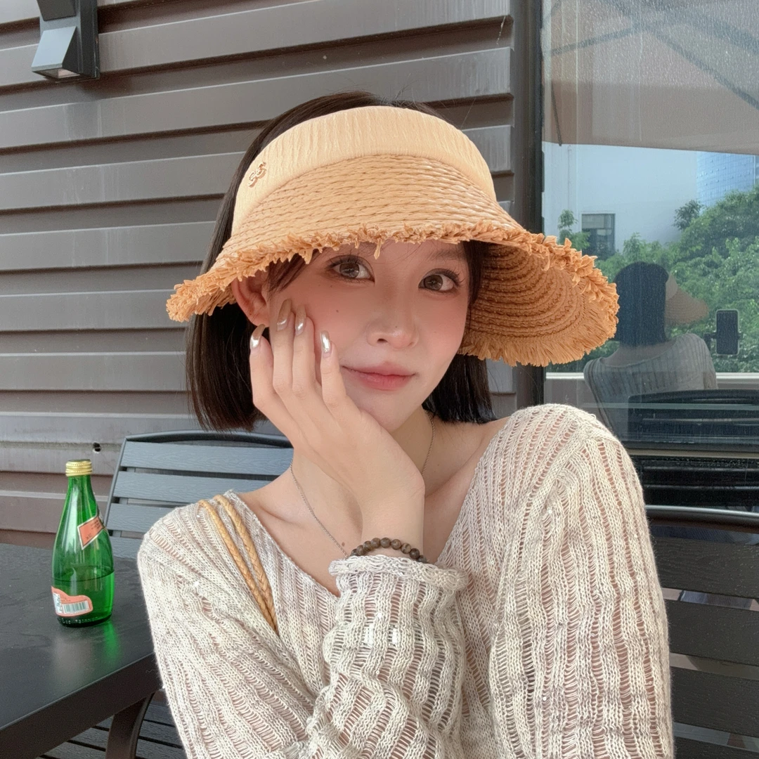新防晒帽女夏季空顶草编遮阳帽子防紫外线大檐沙滩太阳贝壳帽渔夫