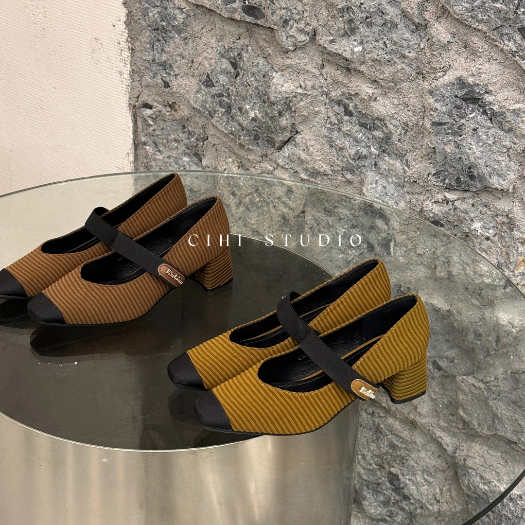 Cihi設計/326-南栀-复古温柔粗跟方头玛丽珍女鞋子法式绒面单鞋！！