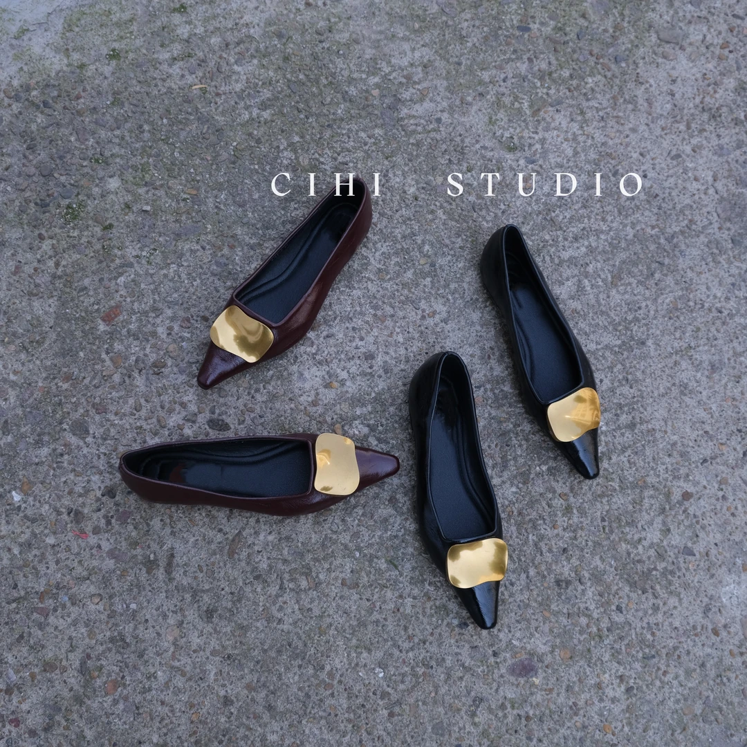 Cihi設計/403-凨凪凮夙- 晚风法式尖头黑色平底单鞋女新款气质！！！