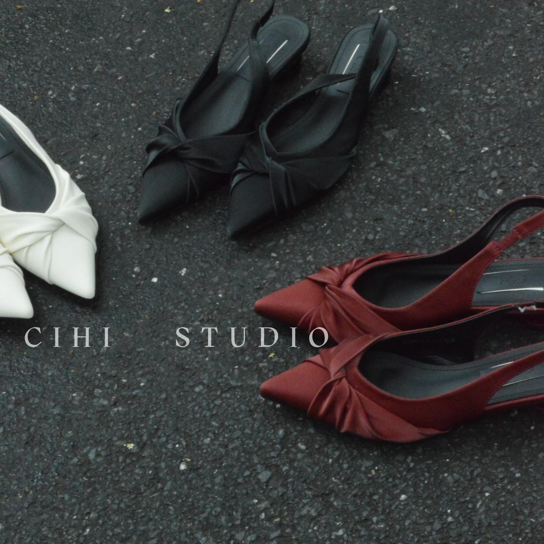 Cihi設計/474-猶之惠風-韩系显瘦皱褶尖头后空猫跟凉鞋女鞋子半包