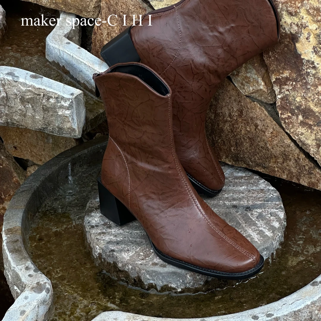 Cihi設計'makerspace'-588-1【暮秋枫】原创裸靴重工艺方头瘦瘦靴