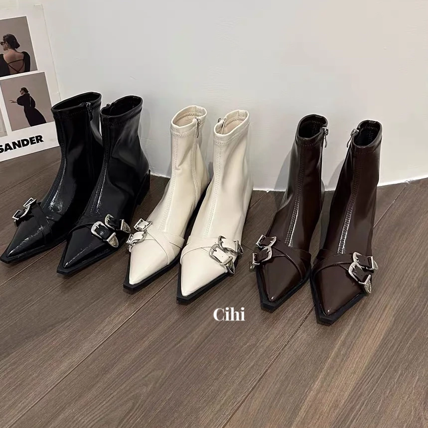 Cihi設計/1-233美式女高-辣妹款个性韩版小众方跟尖头靴时尚气质