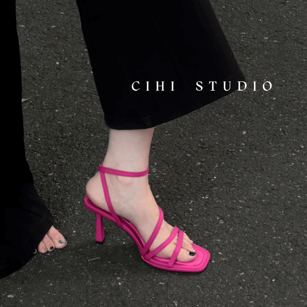 Cihi設計/少女续续-法式一字带仙女凉鞋小众高级罗马绑带高跟