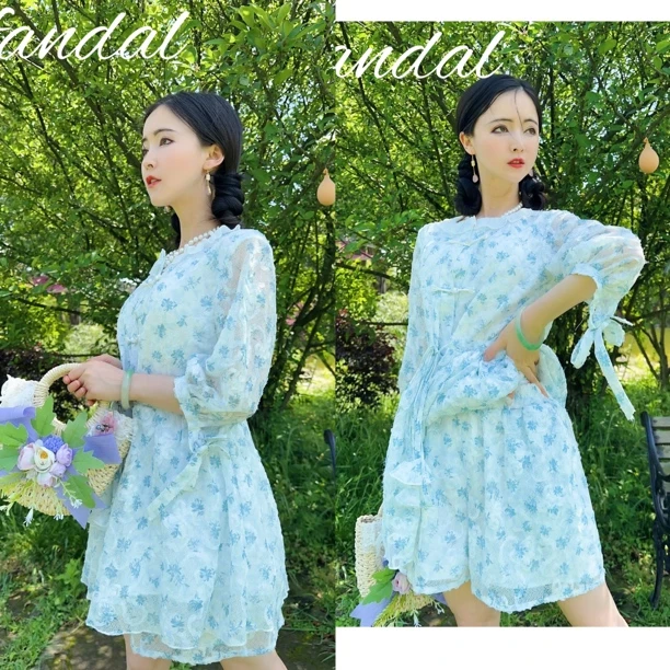 粉黛原创 蓝精灵清新设计感遮肉显瘦清凉短裤套装裙