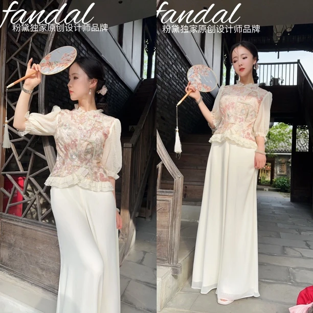 粉黛原创 金玉簪 奢华重工刺绣新中式裙裤套装裤子套装