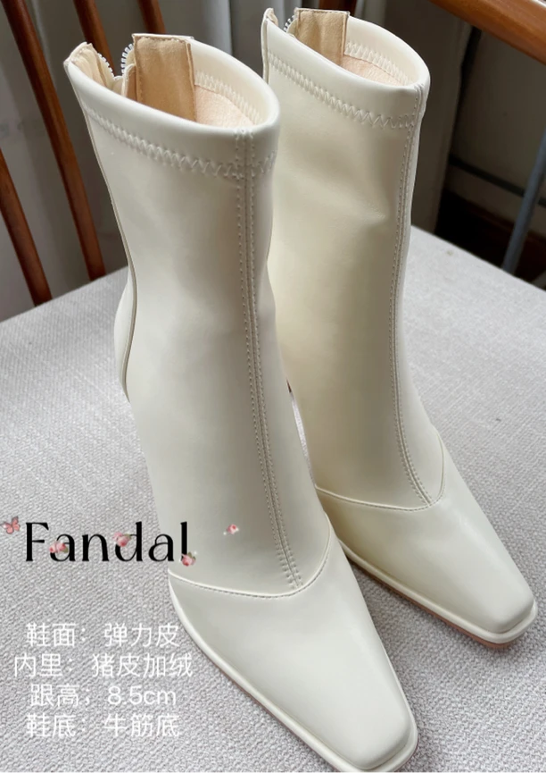 糖糖同款 混种羊皮尖头弹力洋气短靴高跟靴