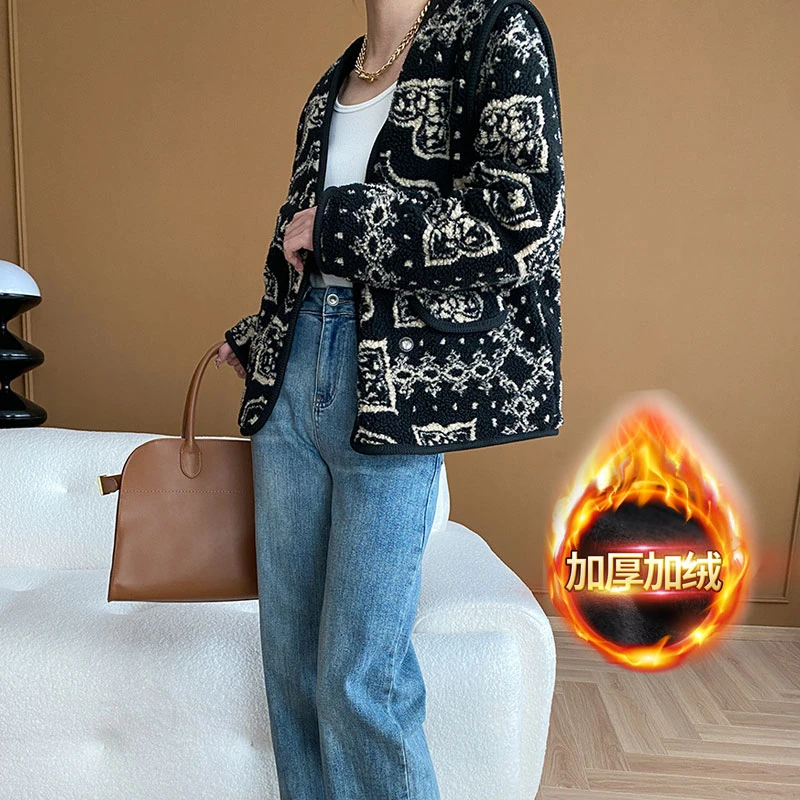 新中式小香风外套女秋新款百搭双排扣V领颗粒绒外套女送运费补贴