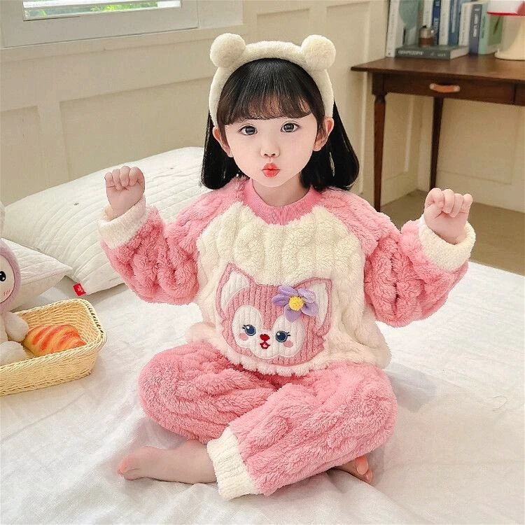 儿童法兰绒宝宝睡衣加厚可爱公主卡通家居服秋冬女童保暖珊瑚套装
