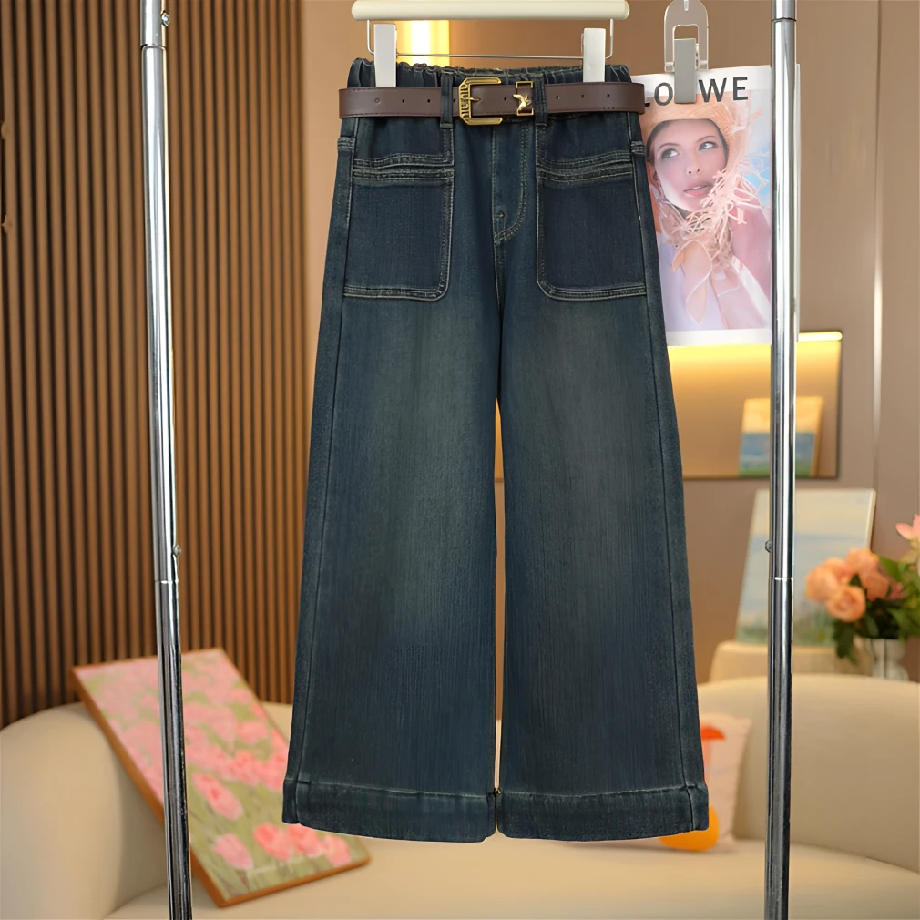 女童加绒拼接口袋阔腿裤2024冬季新款中大童时尚百搭儿童牛仔裤潮