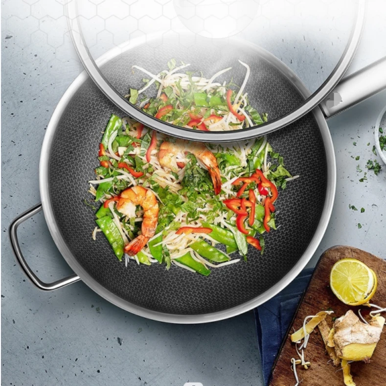 德国W316不锈钢炒锅蜂窝不粘锅低油烟家用燃气电磁炉通用【MDG】