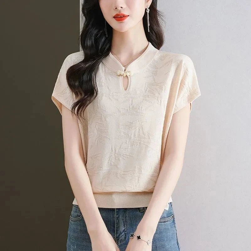 新中式爆款立领盘扣2024新款夏季国风立领短袖仿冰丝针织洋气小衫