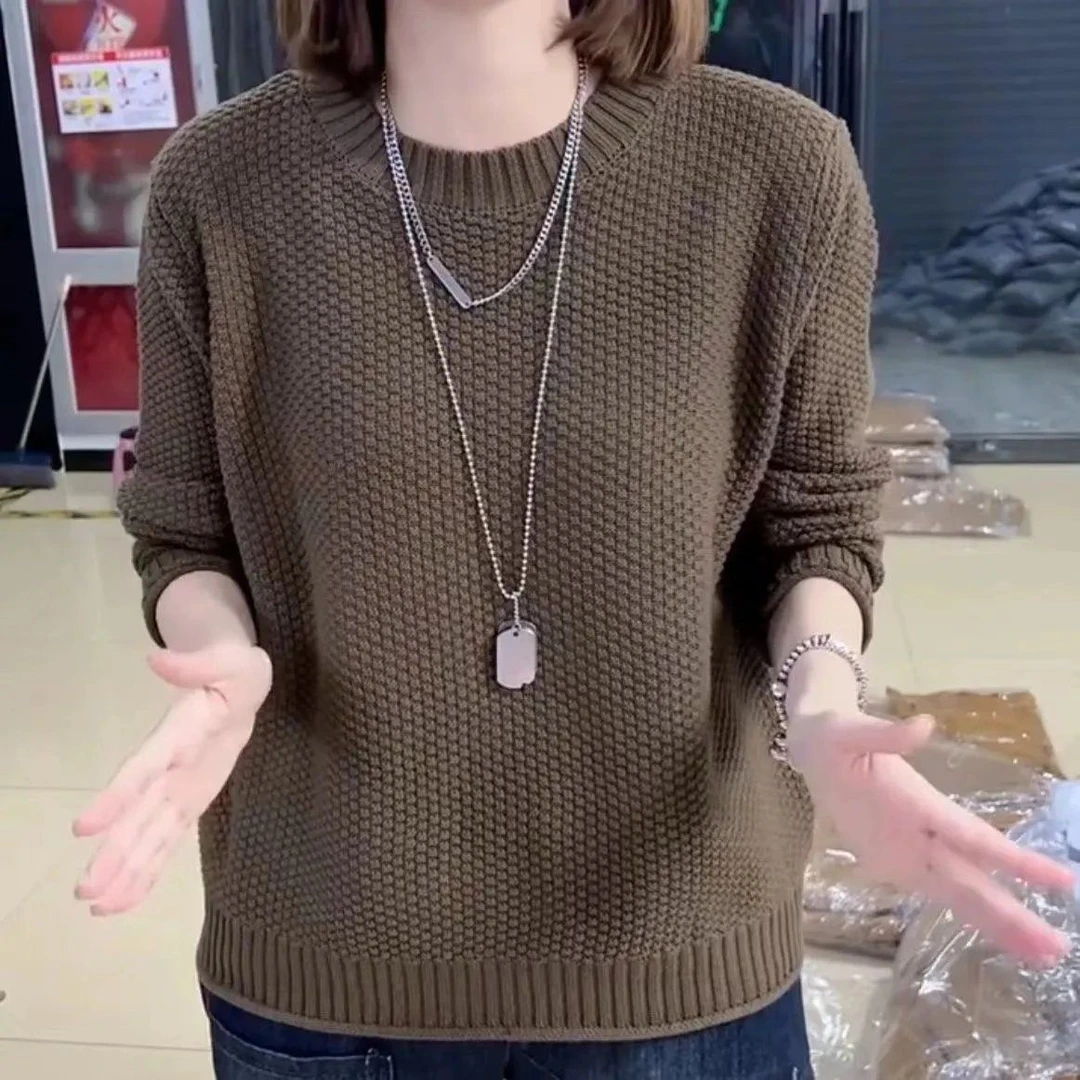 秋冬新款菠萝纹毛衣女韩版时尚气质百搭纯色高级感卷边圆领针织衫