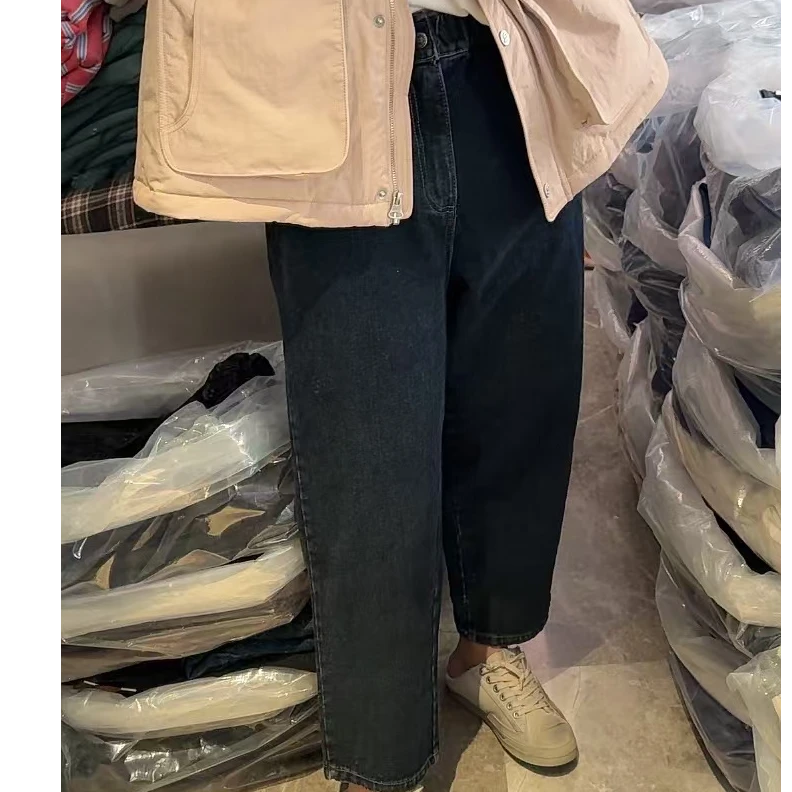 【NO退NO换】韩国东大门冬款自留后松紧丹青蓝色磨毛香蕉牛仔裤