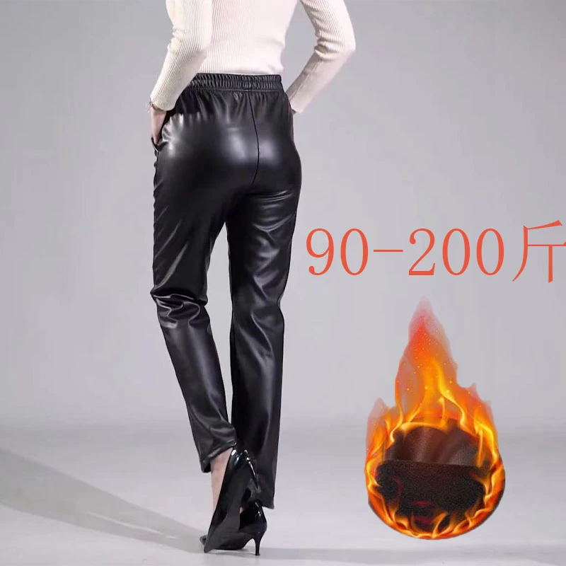 中老年皮裤胖mm皮裤女春秋冬款加绒宽松高腰防水防风骑行皮裤子
