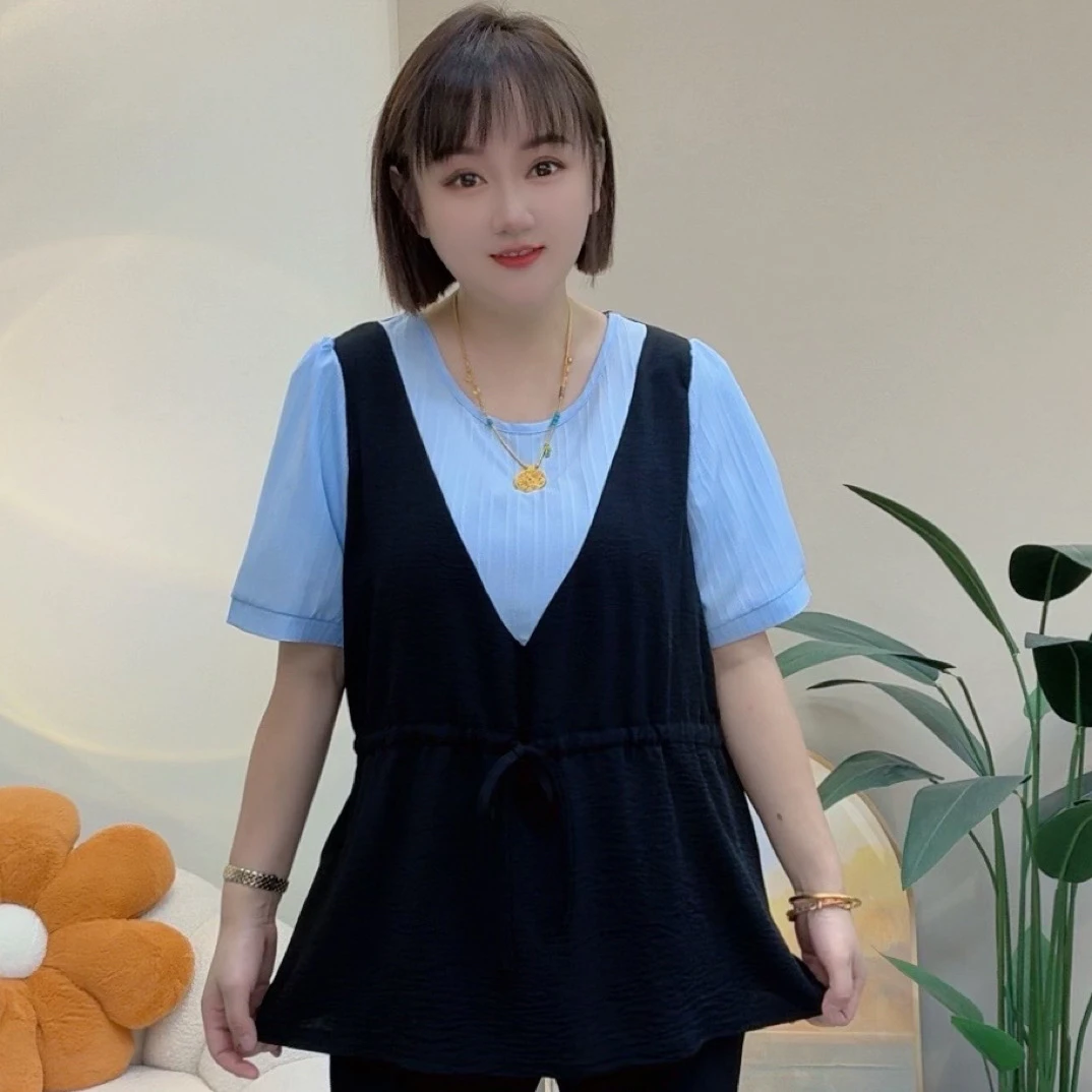 小爽家(^_^)夏季大码女装胖mm气质显瘦遮肚假两件撞色衬衫小衫