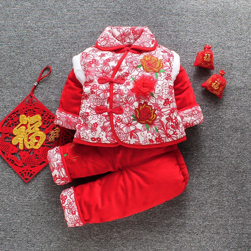 冬季宝宝唐装女宝周岁礼服中国风婴幼童水晶绒加厚套装喜庆新年装