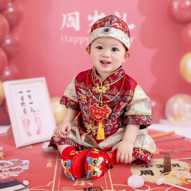 男童夏季新款周岁礼服男宝生日宴抓周礼服新中式唐装宝宝冠衣汉服