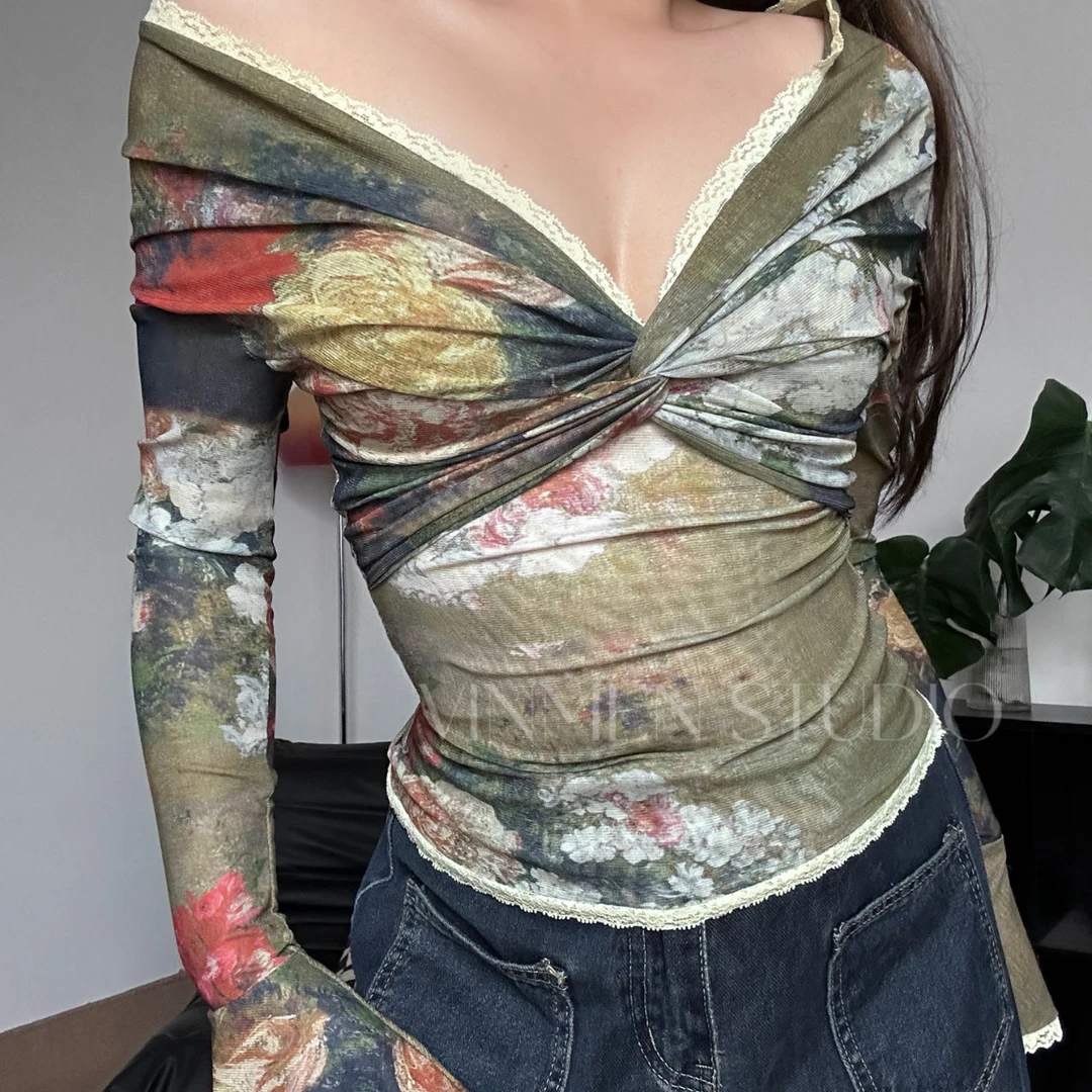 VINMEN STUDIO森系山野 蕾丝油画感网纱纽结v领长袖240216