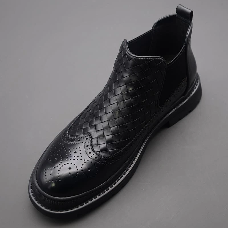 捡漏英伦男士布洛克雕花真皮短靴冬季百搭高帮编制休闲皮鞋潮切尔