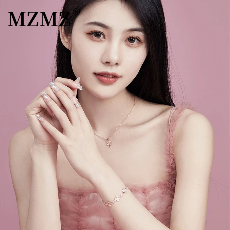 MZMZ 吊坠925银 轻奢玫瑰金四叶草项链手链套装七夕情人节礼物