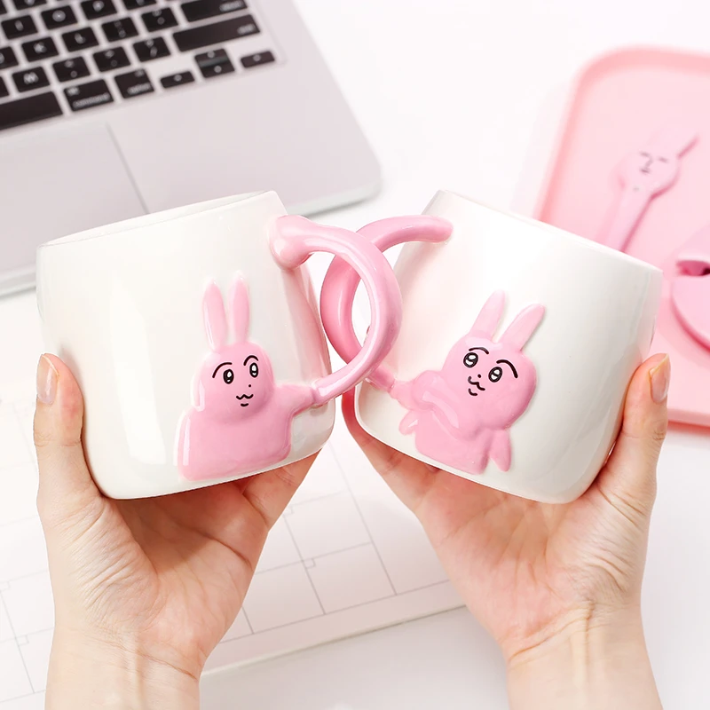 粉红兔子Myfriend原创陶瓷马克杯学生男女情侣办公室带盖家用杯子