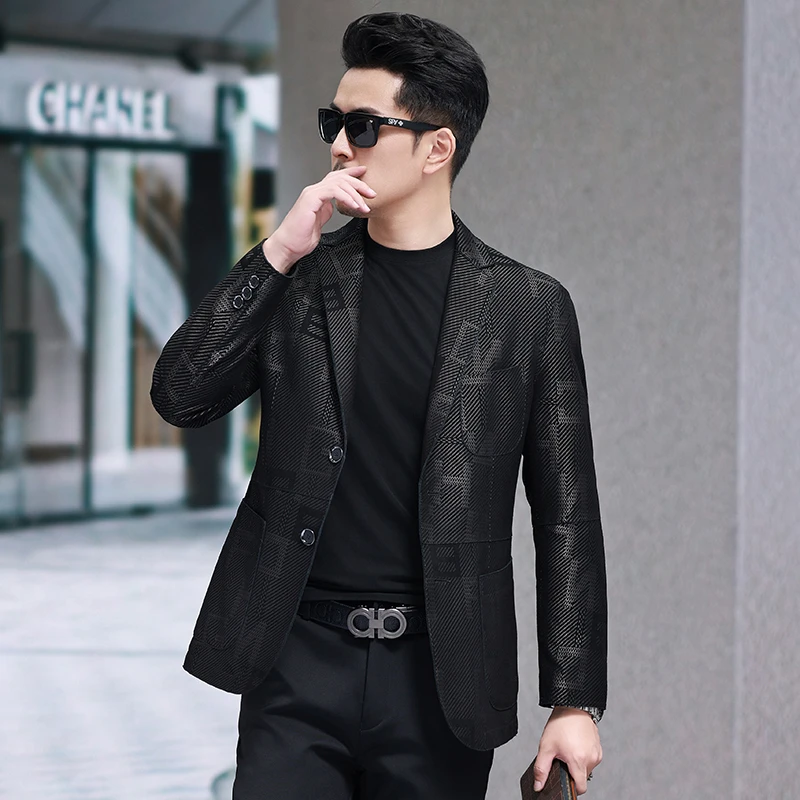 春秋款海宁真皮皮衣男字母印花西服商务休闲男装外套绵羊皮外套