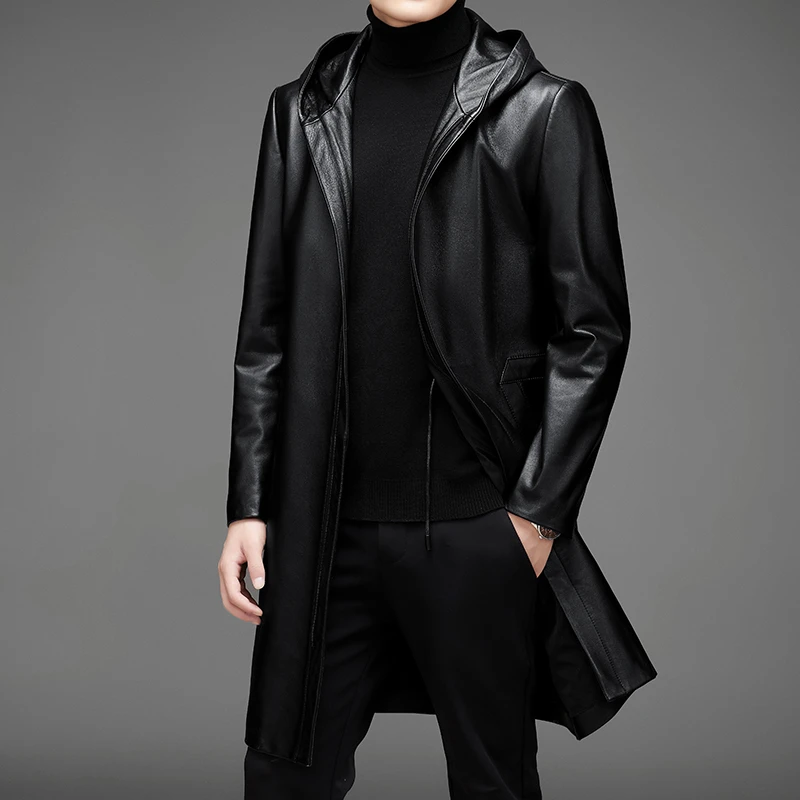 海宁真皮皮衣男头层小牛皮中长款连帽皮夹克男士休闲商务男装外套