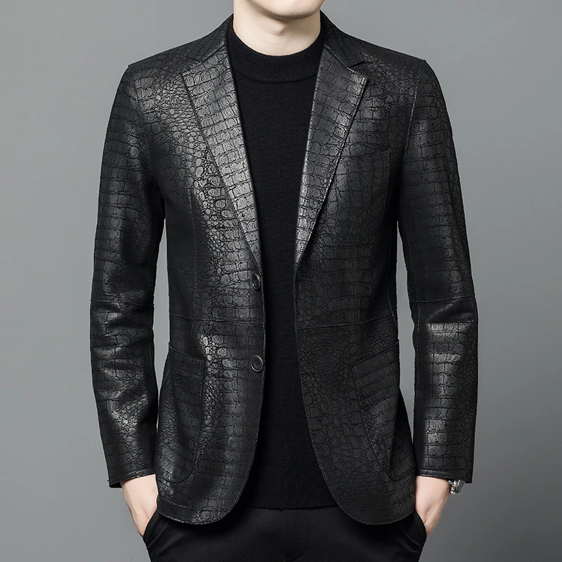 真皮皮衣加绒西服秋冬新款海宁真皮西装皮衣男士绵羊皮皮夹克外套