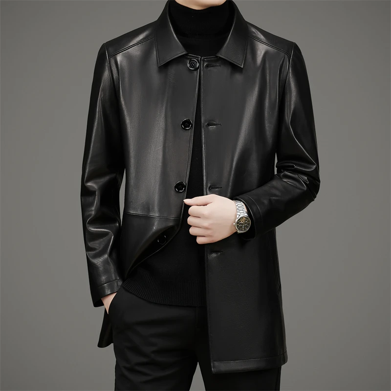 【胎牛皮】秋冬海宁真皮皮衣男士商务休闲风衣轻奢高档翻领男装外套