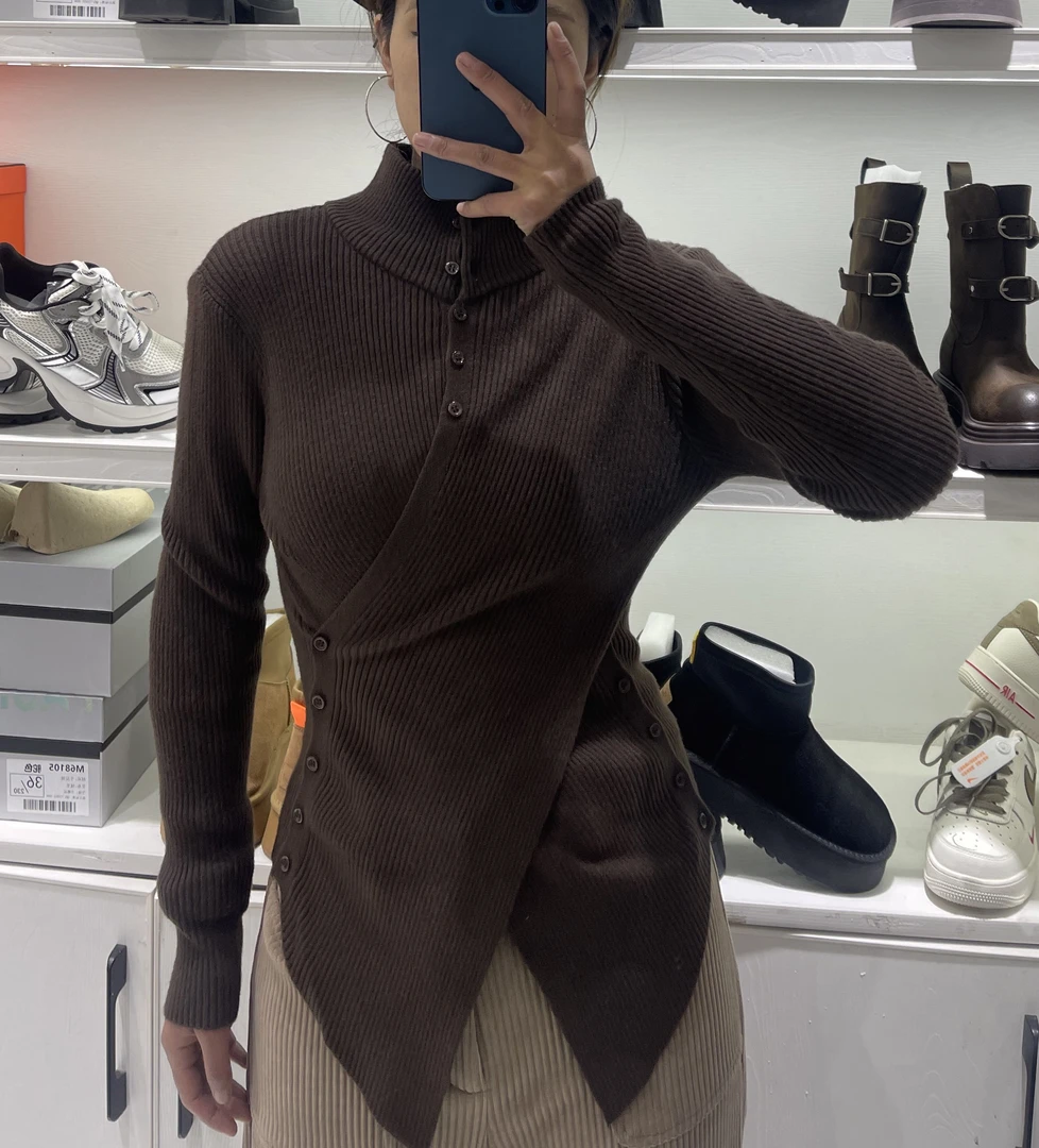 高领不规则长袖针织衫设计感小众毛衣秋冬显瘦上衣