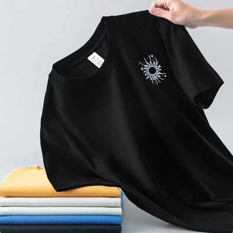 纯棉纯色t恤日月星辰上衣打底衫印花短袖 宽松显瘦男装休闲百搭