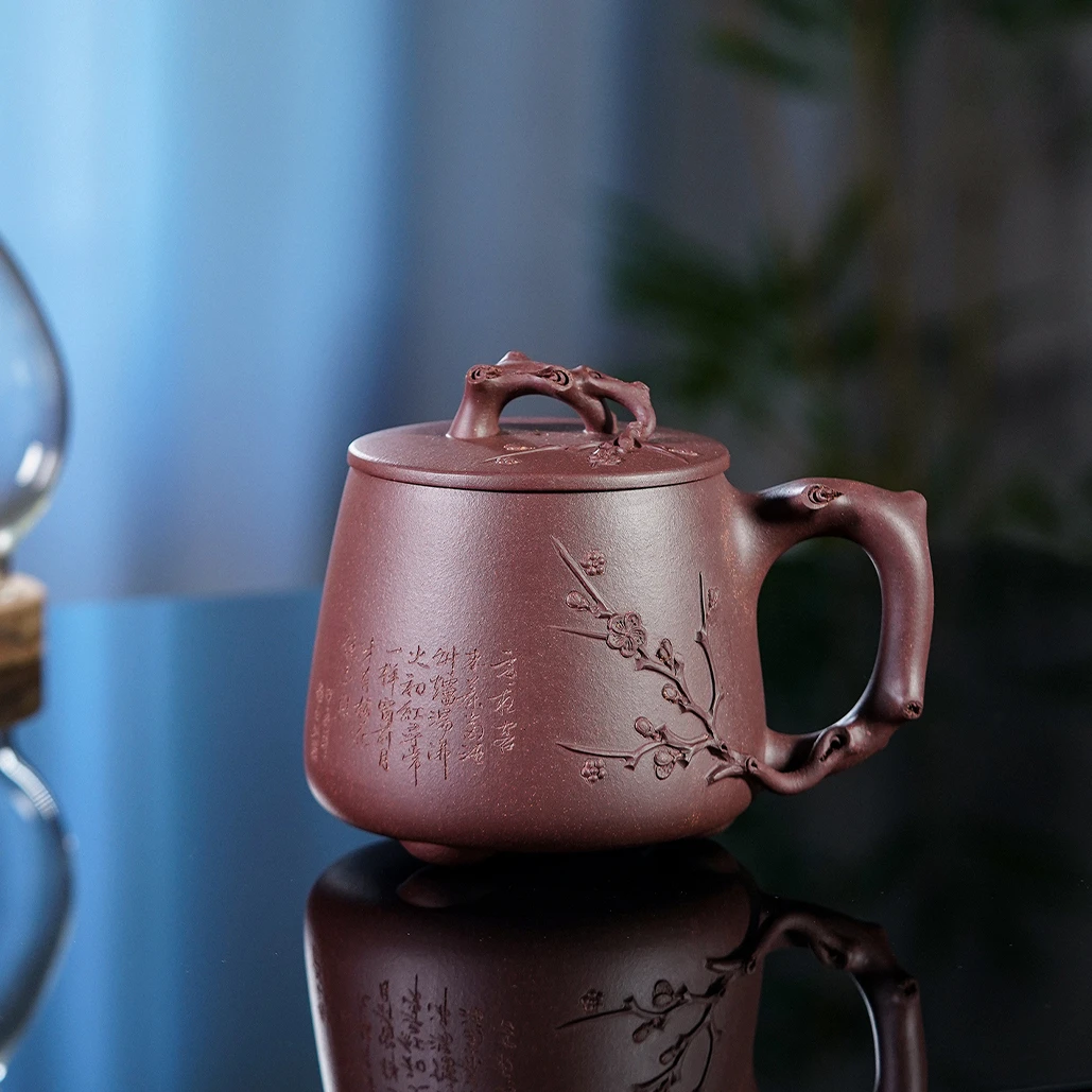宜兴高档紫砂杯梅花杯石瓢单杯家用办公用高端泡茶杯带盖茶杯盖