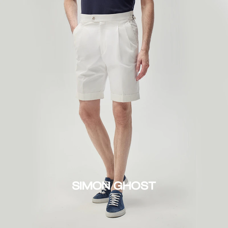 男士那不勒斯裤商务休闲短裤白色修身简约直筒巴黎扣五分裤夏季裤