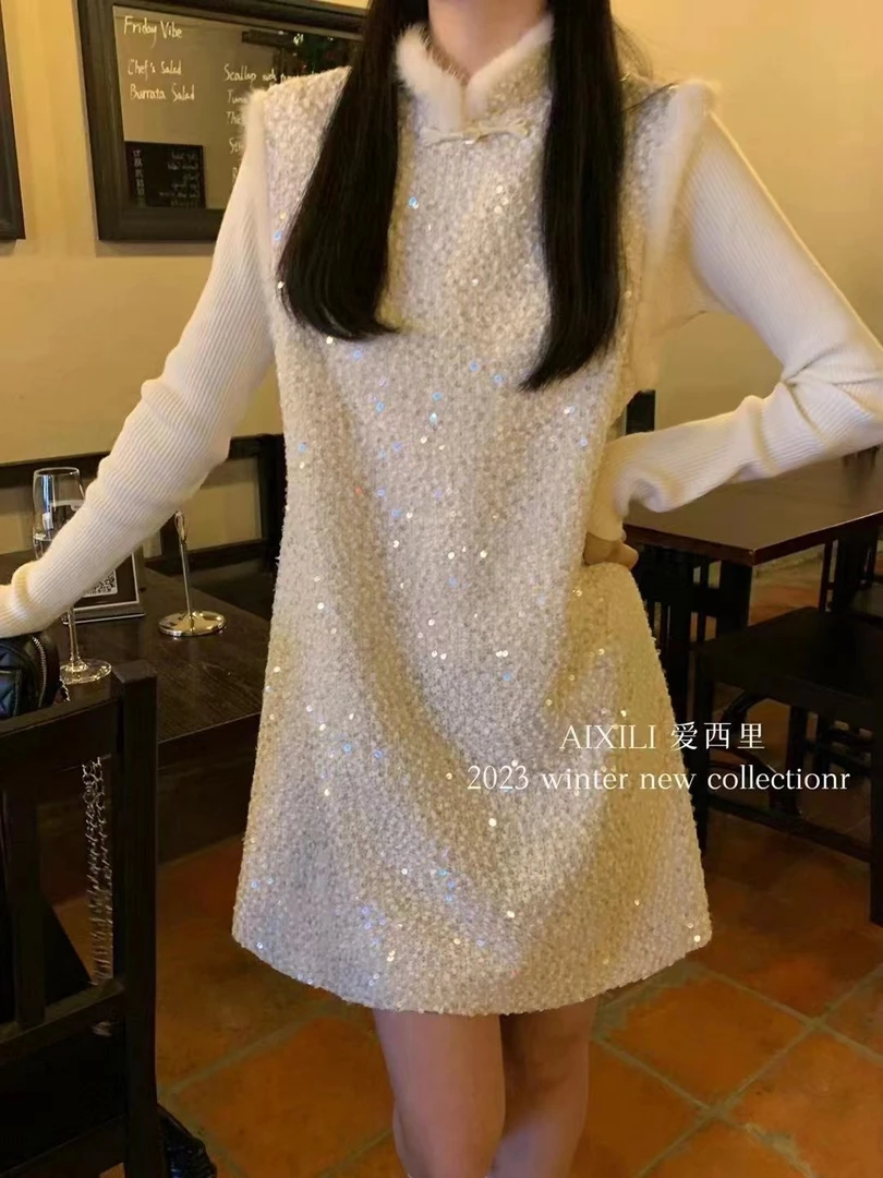 春季国风盘扣毛边blingbling背心裙新中式无袖连衣裙