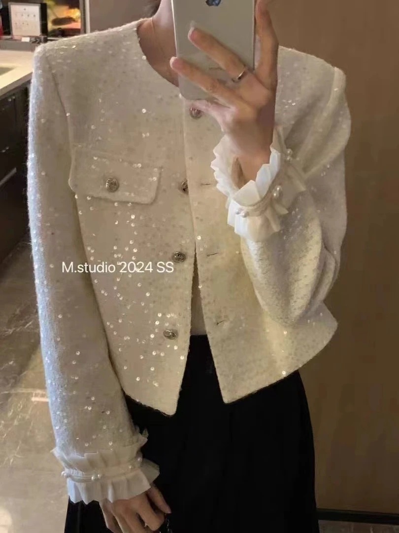 早春穿搭富家千金亮片细闪高奢高定精致小香风外套女开衫