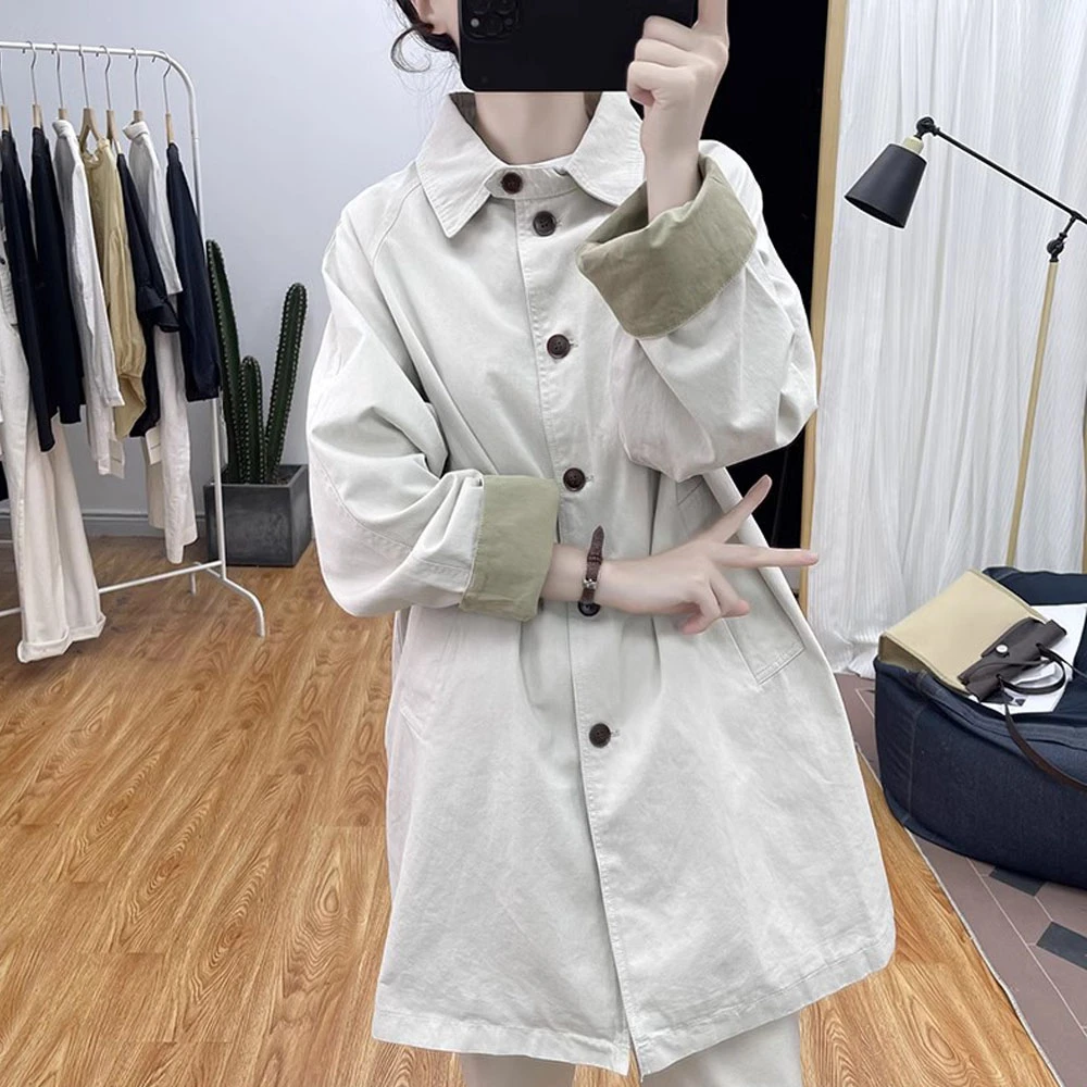 风衣外套女秋季新款拼接高级感日系工装简约小个子中长款纯棉大衣