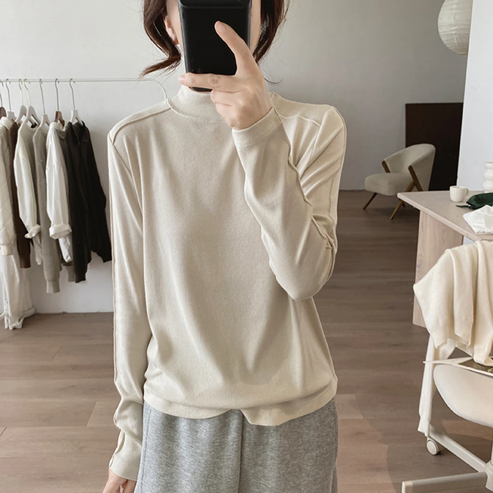 春秋新款半高领双面德绒打底衫女内搭保暖纯色洋气长袖T恤上衣潮