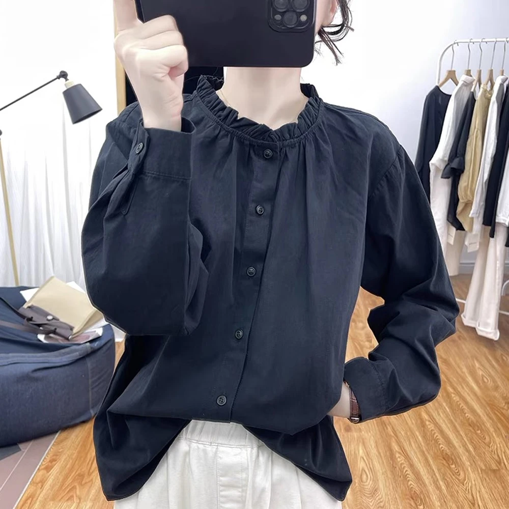 日系甜美褶皱花边立领娃娃衫女春秋新款宽松叠穿纯棉长袖衬衫上衣