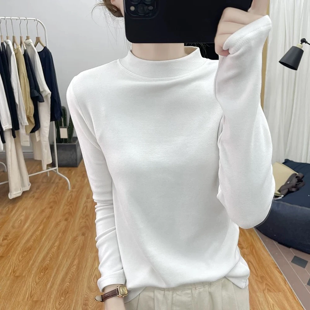 半高领打底衫女春秋新款修身双面磨毛德绒上衣自发热保暖长袖T恤
