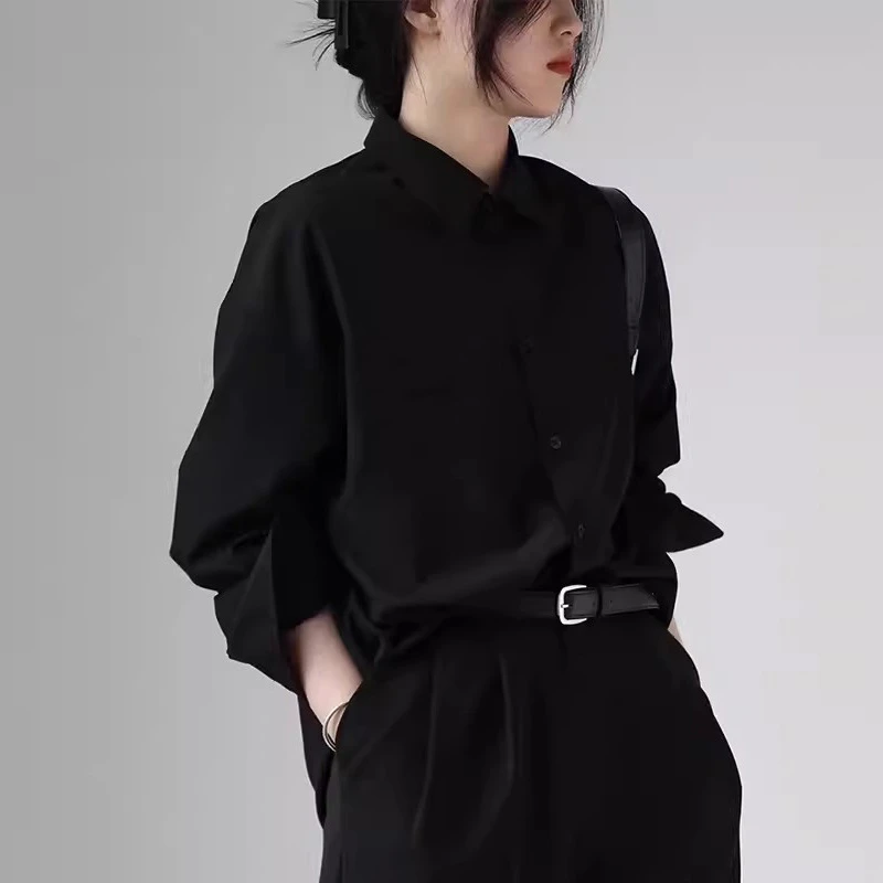 纯棉POLO领长袖衬衫女春秋新款宽松百搭小个子内搭叠穿外搭上衣潮