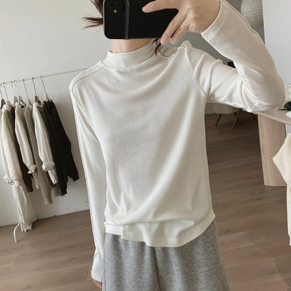 春秋季新款半高领长袖t恤女式显瘦简约基础款打底衫减龄棉质上衣