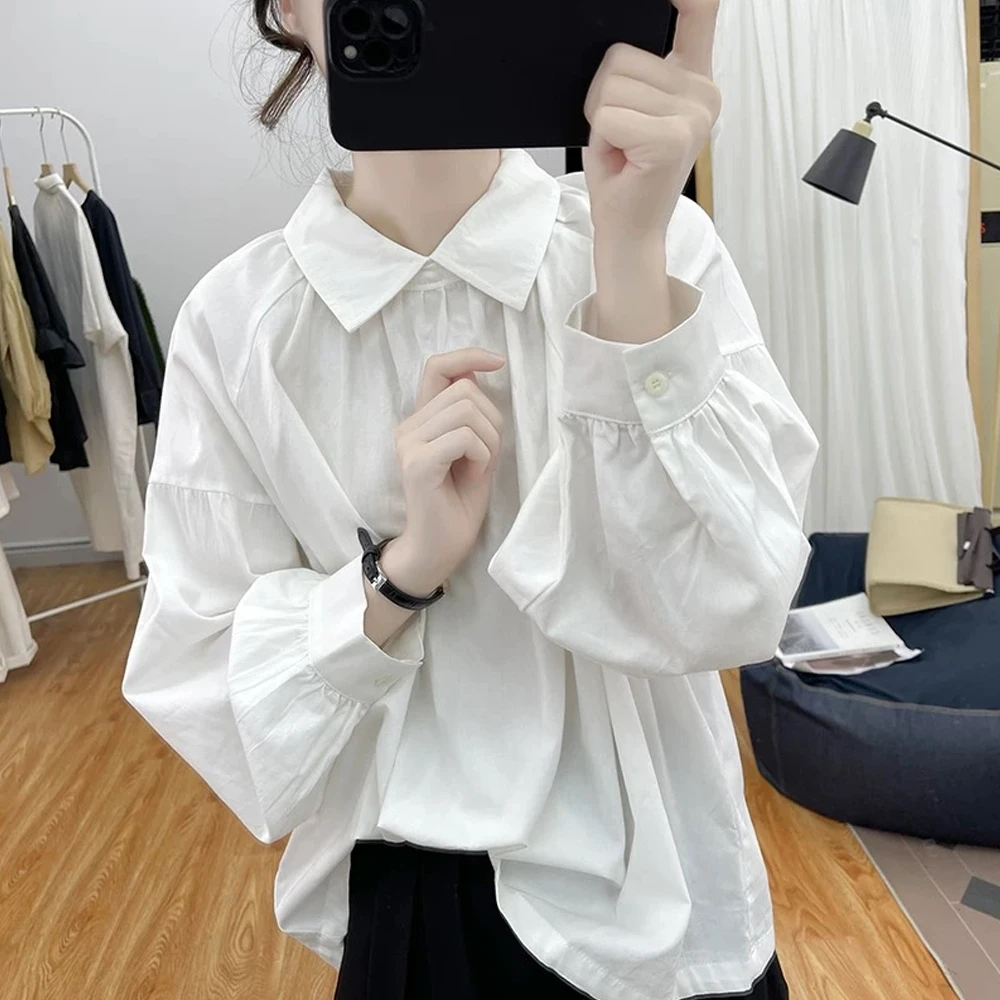 娃娃领衬衫女式春秋新款宽松显瘦褶皱纯棉小众设计感灯笼袖上衣潮