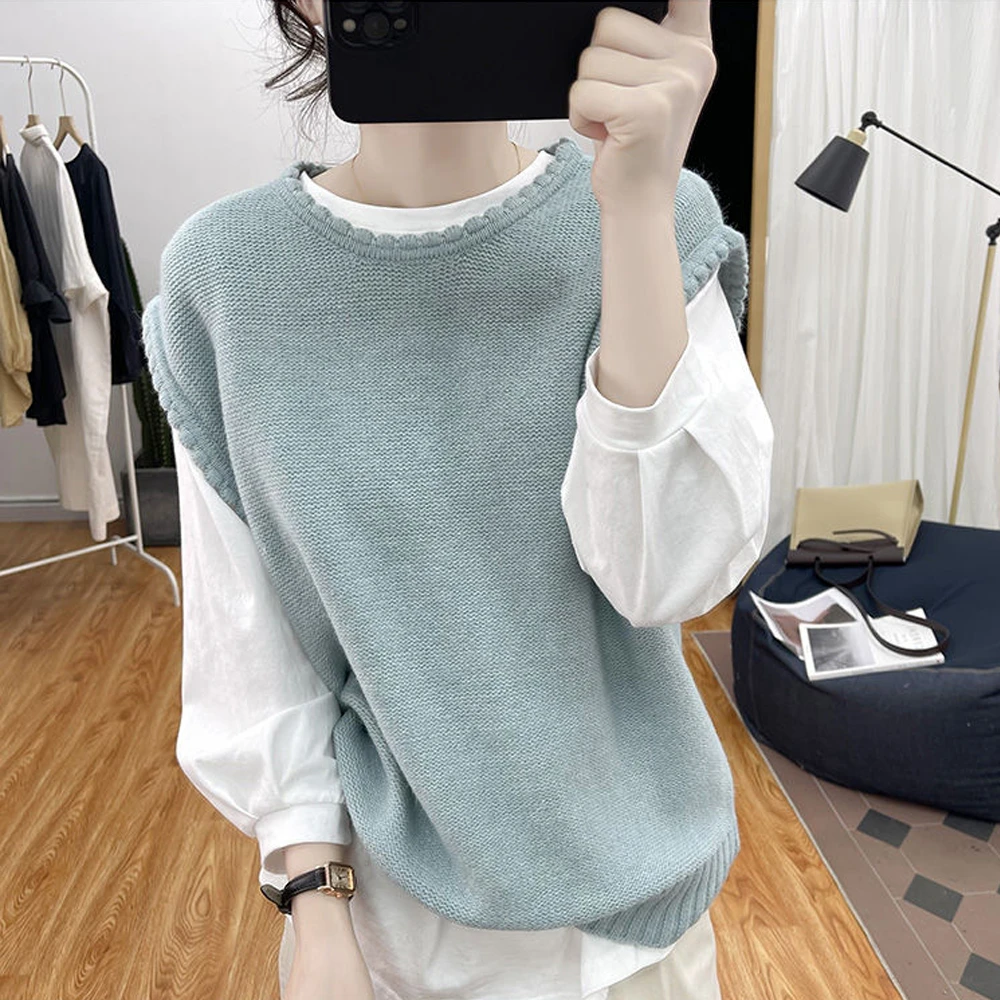 春秋装坎肩叠穿针织毛衣马甲女式新款外搭圆领背心毛线小马夹上衣