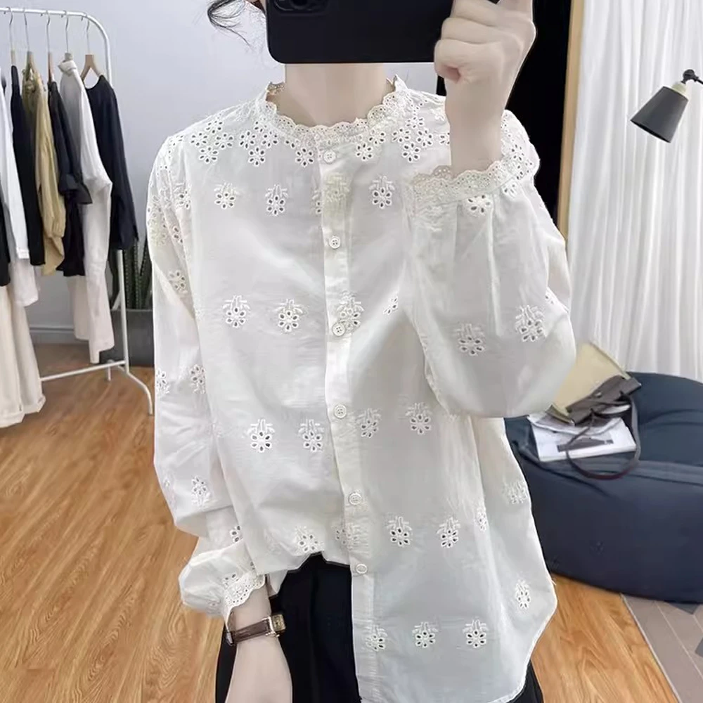 春装纯棉蕾丝花边长袖衬衫女式刺绣减龄上衣2025新款立领宽松衬衣