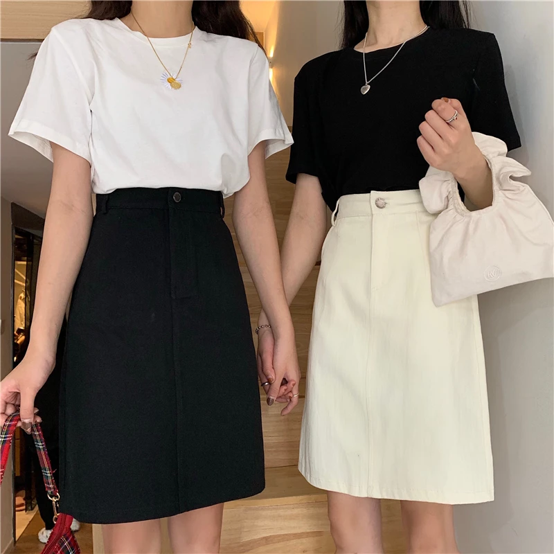 夏季韩版中长款裙子2024新款大码高腰百搭牛仔裙学院风修身半身裙