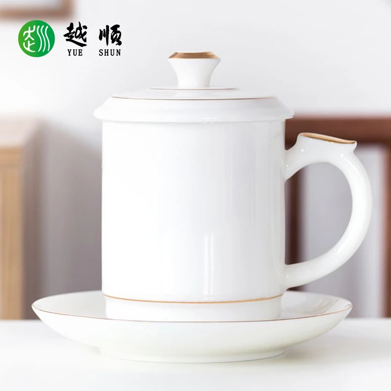 越顺羊脂玉白瓷办公杯高档描金水杯陶瓷茶杯家用大容量带盖办公杯