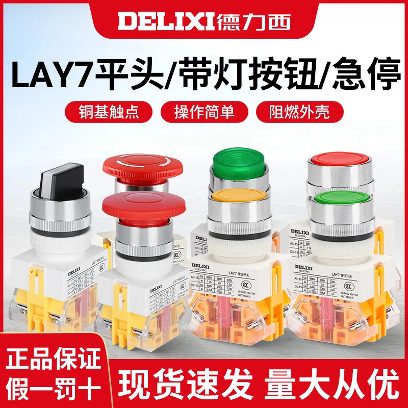 德力西按钮开关自复位LAY7-11BN平头按钮急停自锁按钮旋钮11D带灯