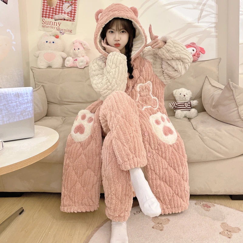 2024新款三层夹棉加绒加厚睡袍女秋冬季珊瑚绒长款睡衣家居服套装