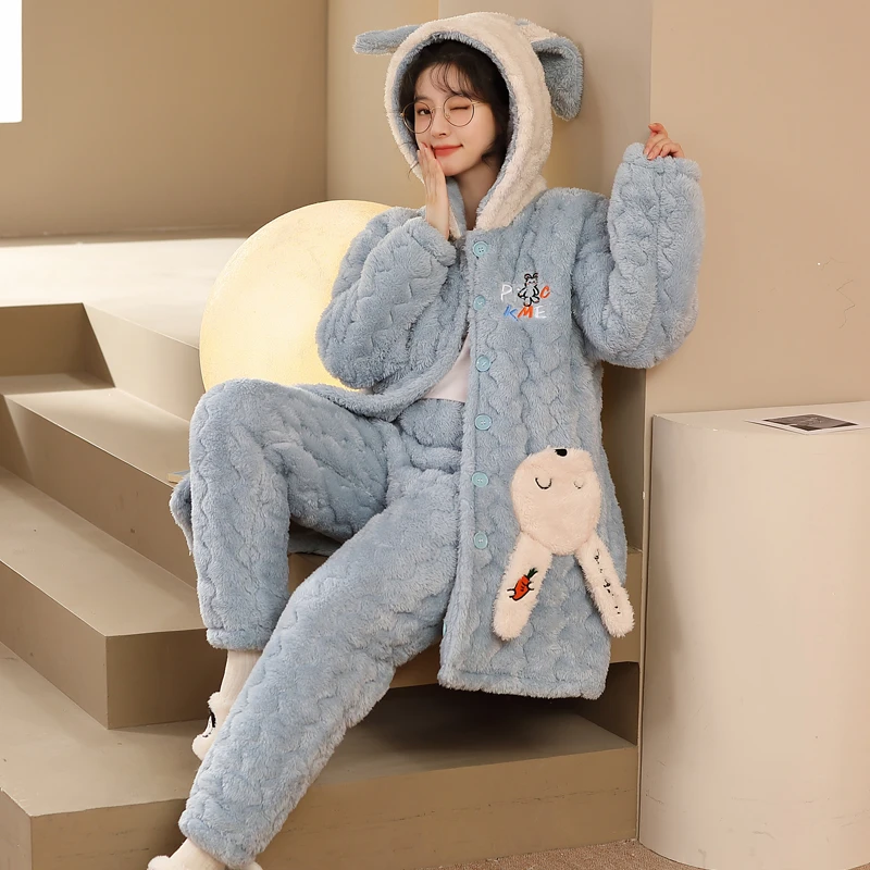 冬季天睡衣女三层夹棉加绒加厚2024新款套装家居服珊瑚绒可外穿
